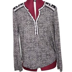 Lucky Brand size S black white embroidered bohemian tunic shirt blouse